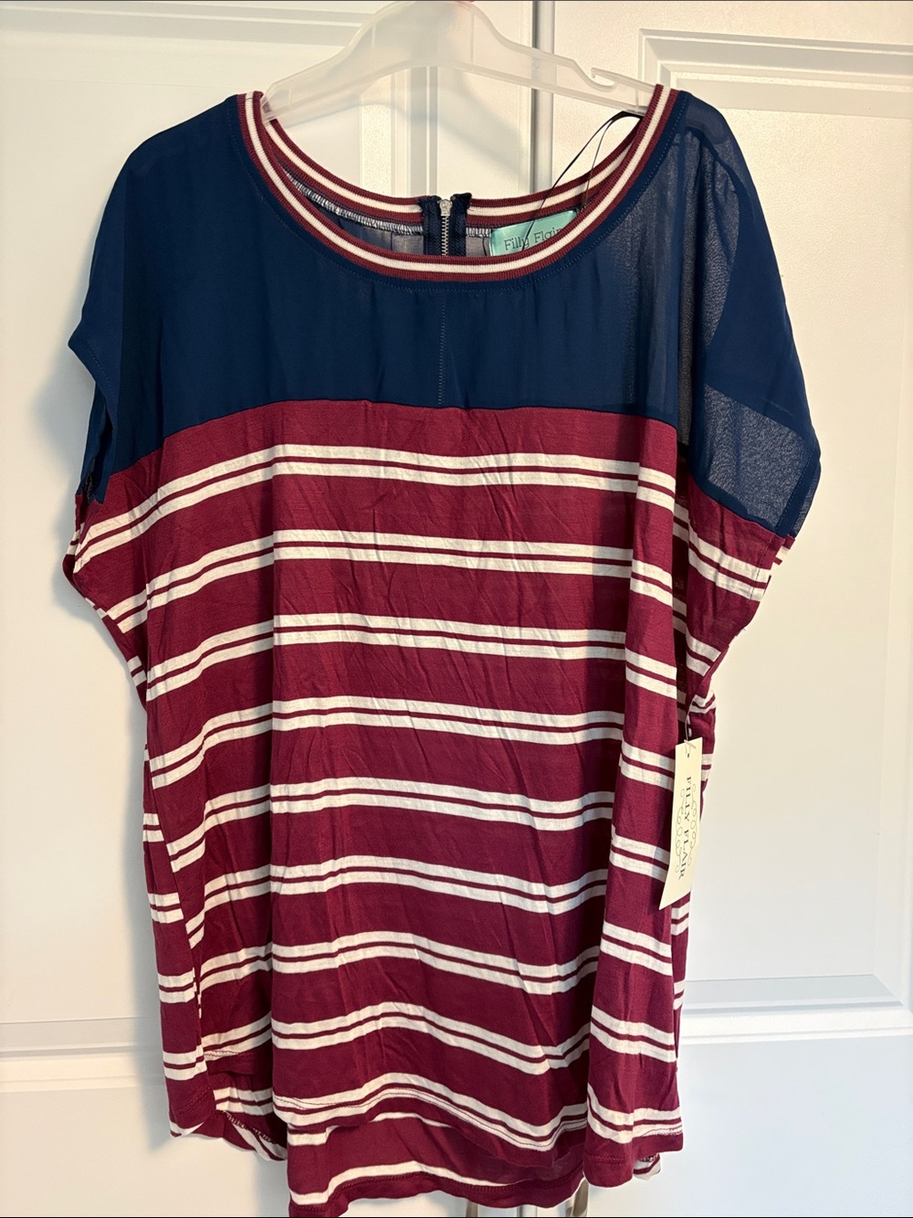 Filly Flair Navy and Burgundy Striped Short Sleeve Blouse